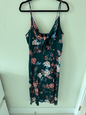 Source Unknown Teal Floral Midi Slip Dress with Pink & Cream Blooms